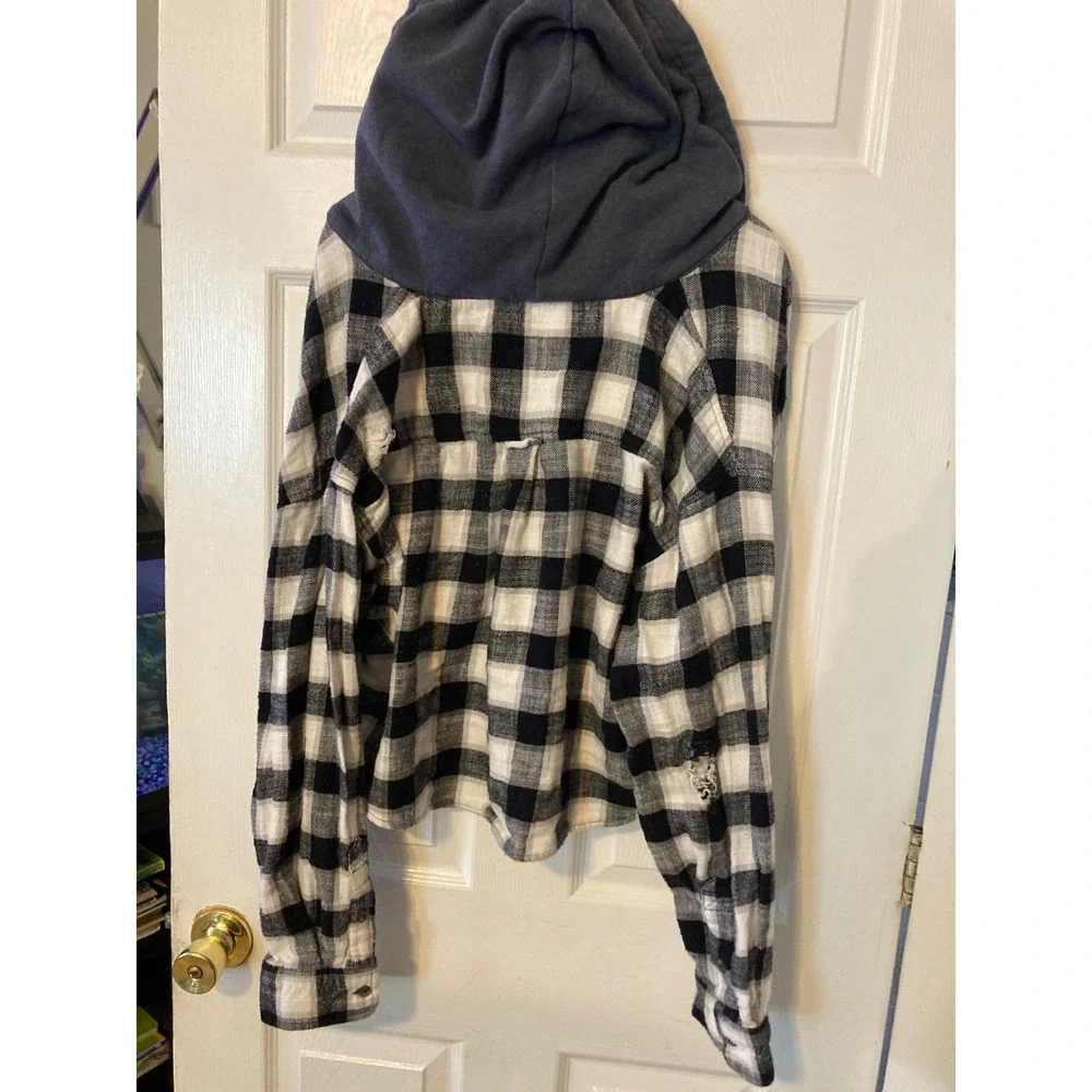 American Eagle Cropped Flannel Hooded Shirt Buffalo Plaid Black‎ White Large